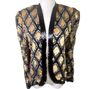 Vintage 1980’s Nite Line Black & Gold Sequin Harlequin Jacket Size Small